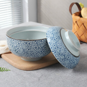 泡面碗带盖陶瓷釉下彩学生家用宿舍创意日式餐具面碗饭碗带盖大碗简约