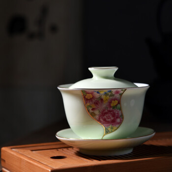 三才盖碗 茶杯陶瓷功夫茶杯茶碗三品茶器珐琅彩盖碗茶杯青花三才敬茶杯陶瓷泡茶碗 青瓷珐琅盖碗