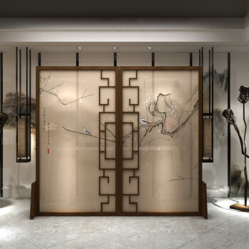 新款中式实木镂空屏风隔断酒店餐厅背景墙座屏玄关客厅半透布屏风 宽