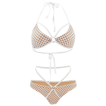 欧美泳衣 白色网眼三点式分体镂空泳衣性感比基尼泳装女 白色 s