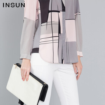 INSUN/恩裳女装春装新款 时尚撞色拼接气质衬衫95230503 粉色 40