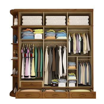 中式衣柜实木储物柜子拉门转角主卧室板式大衣橱 海棠色 抽屉 顶柜 边