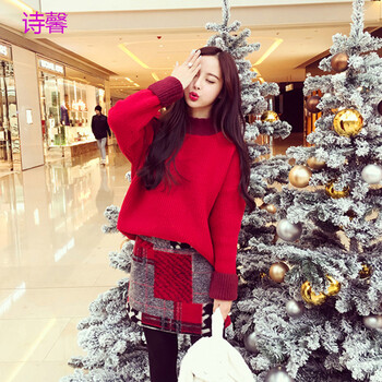 诗馨 2015冬装新款韩版洋气袖口设计撞色宽松套头毛衣女 图片红色