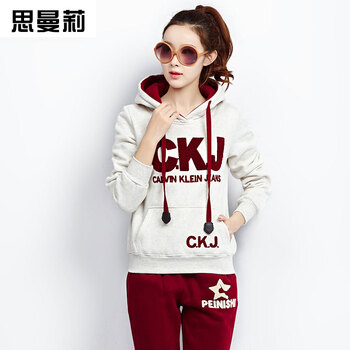 思曼莉 2015女秋装休闲运动时尚套装女韩版秋冬加厚连帽套头卫衣套装 酒红色 XXL