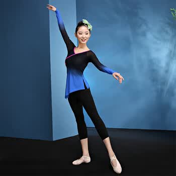 舞舞蹈练功服女套装拉丁舞服装上衣芭蕾舞抖音 蓝色全套(上衣加裤子)