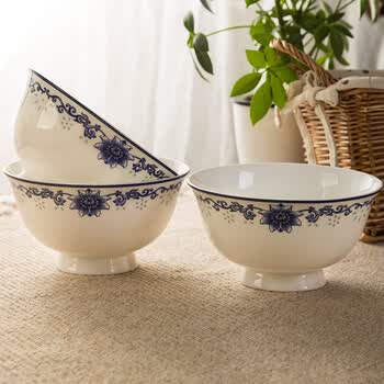 景德镇陶瓷骨瓷吃饭面碗6个装青花瓷套装饭碗6寸家用高脚汤面碗 心想