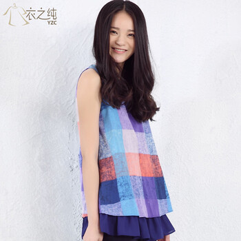 yzc衣之纯2015新款秋装糖果色红格子青少年衬衫 无袖雪纺衫假两件背心荷叶摆上衣女 黄绿格 M