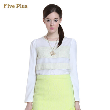 Five Plus新女春装气质拼接宽松圆领长袖衬衫衬衣2135014620 米白010 M(165/88A)