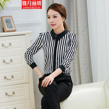 胧月丽妍2015秋季黑白条纹上衣长袖修身打底衫雪纺衫衬衫女JG 条纹 S