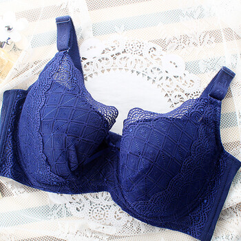 春夏大码蕾丝文胸上托聚拢士收副乳胸罩可调肩带全罩杯内衣 蓝色 110c