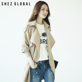shezglobal韩国SZ秋款中长款女装时尚潮流大翻领防风束腰系带宽松风衣外套 驼色 S
