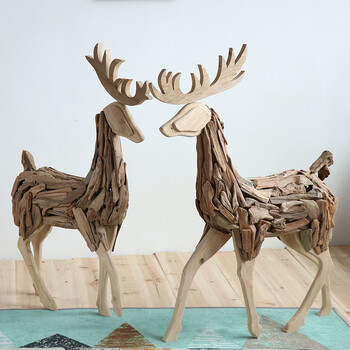 手工动物木鹿摆件落地创意北欧式办公客厅室内家居装饰结婚礼物 情侣