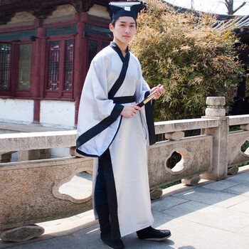 新款古装男书童演出服私塾教书先生国学服装灰色书生表演汉服 白色