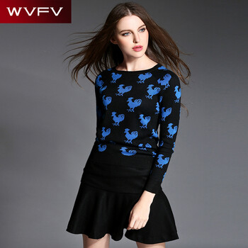 WVFV2016春季新品蓝色针织毛衣+黑色羊毛呢半身裙时尚休闲套装女WZ9545 黑色 8 XL