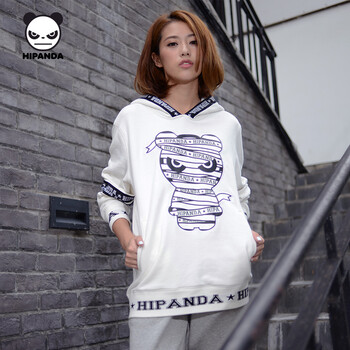 HIPANDA 你好熊猫 设计潮牌 女款 织带熊猫连帽 学生卫衣 女 套头 黑色 160/M