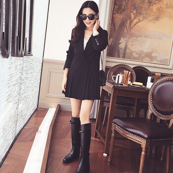 艾美卉  2015早秋百褶边西装长外套连衣裙西服女修身 西装 女 8181 黑色 XL