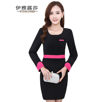 
                                        伊雅露莎春秋职业套裙长袖连衣裙美容师工作服酒店前台服务员工装503 黑色长袖连衣裙 L                