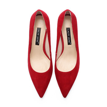 尖头高跟鞋女细跟真皮浅口单鞋女中跟黑色工作鞋女婚鞋红色 红色绒面