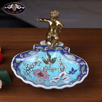 鸿禧美饰 欧式纯铜天使贝壳碟肥皂盘陶瓷工艺品美式干果盘客厅电视柜