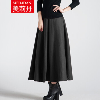 
                                        美莉丹2016秋冬毛呢高腰半身裙 保暖欧美修身长裙 简约仿羊毛呢大摆裙 淡雅灰 XL                