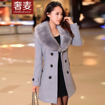 奢麦2015秋冬装新款毛呢外套女中长款修身韩版毛领毛呢子大衣BJ3018 红色 XXL