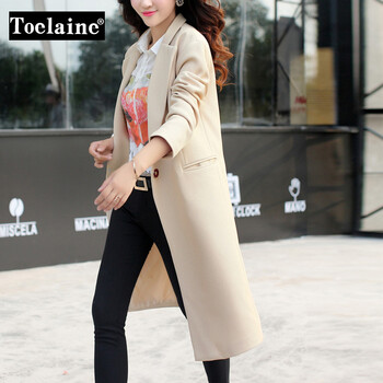 Toelaine 纯色小西装2015新款秋装韩版女士一粒扣长款气质时尚外套 桔红 M