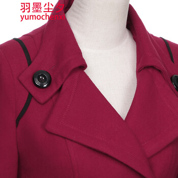 羽墨尘夕2015秋冬装羊毛呢外套女修身中长款毛呢大衣 女赠腰带U8628 枣红 M