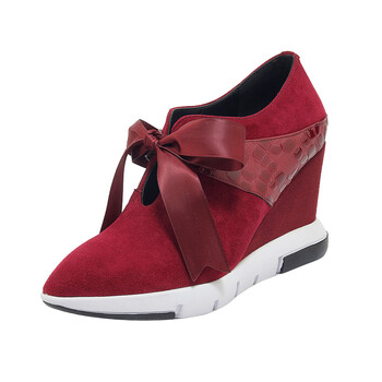 新款秋冬系带坡跟鞋子女磨砂真皮厚底高跟单鞋尖头休闲女鞋潮 红色 39