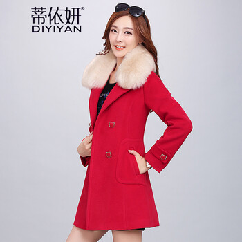 蒂依妍 毛呢大衣女2016秋冬新款长袖呢子大衣女中长款修身毛呢外套 大红(加厚) XL