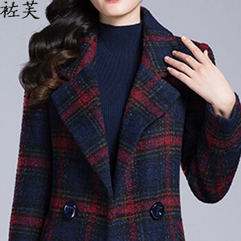 袏芙 呢大衣 女2015秋冬新款韩版毛呢外套女修身中长款毛呢大衣女 红格 L