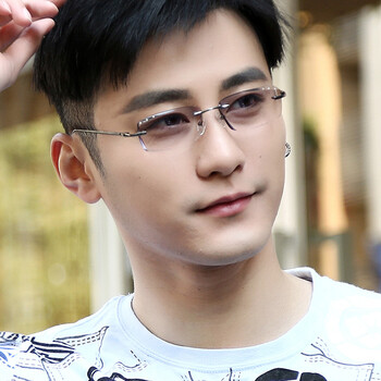 眼镜男款纯钛合金超轻眼镜框架钻石切边镶钻无框成品眼镜9079 银框/1