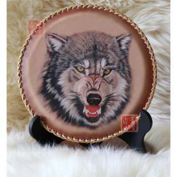 工艺品皮画蒙古特色装饰画圆盘皮画摆台画家居饰品皮画摆件 狼图腾