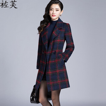 袏芙 呢大衣 女2015秋冬新款韩版毛呢外套女修身中长款毛呢大衣女 红格 L