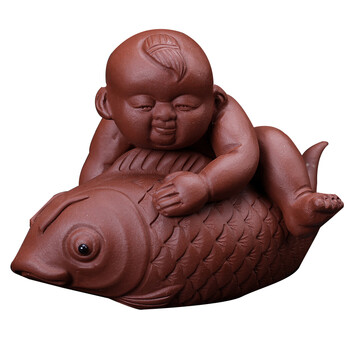 墨贝轩 哥窑茶宠童子鱼 紫砂茶宠茶具配件手工摆件汽车紫砂摆件 茶道