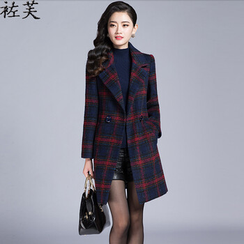 袏芙 呢大衣 女2015秋冬新款韩版毛呢外套女修身中长款毛呢大衣女 红格 L