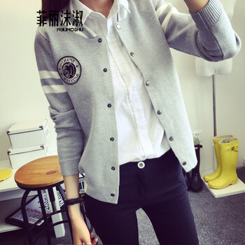 菲丽沫淑FLMS 2016春装新款韩版单排扣宽松针织开衫棒球服短外套女8205 灰色 均码