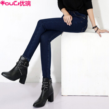 
                                        优璃2017冬季新款加厚中高腰小脚加绒牛仔裤女 深蓝色 28                