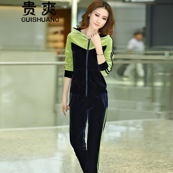 贵爽2015新款金丝绒休闲套装女韩版天鹅绒卫衣运动服套装女春秋 荧光绿 XXL