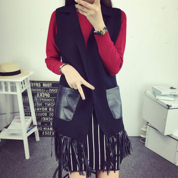 纱末 流苏拼皮貂绒马甲毛衣外搭欧美时尚百搭气质无袖针织开衫 黑色 均码