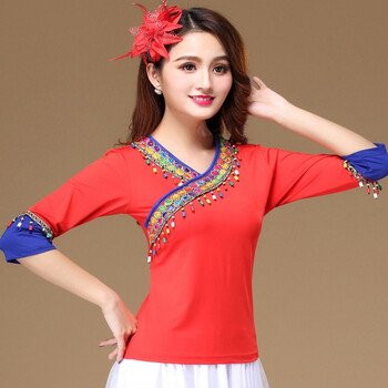 舞服装上衣短袖夏季新款跳舞服装中袖舞衣女杨丽萍演出舞蹈服 红色