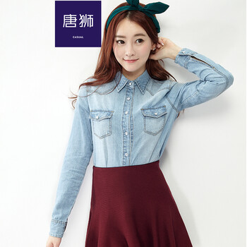 唐狮（TonLion）2015秋装新款 女拼碎花牛仔长袖衬衫 女浅牛仔 S