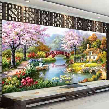 
                                                            K-S十字绣客厅新款刺绣欧式风景花园小屋梦幻家园精准印花满绣十字绣 11CT棉线印花小版 3股绣 绣布尺寸1.5米                