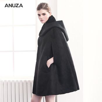 
                                        ANUZA秋冬新款欧美大码宽松不规则口袋大气连帽加绒厚百搭休闲斗篷大衣女装披风披肩外套黑色 黑色 M(宽松均码)                
