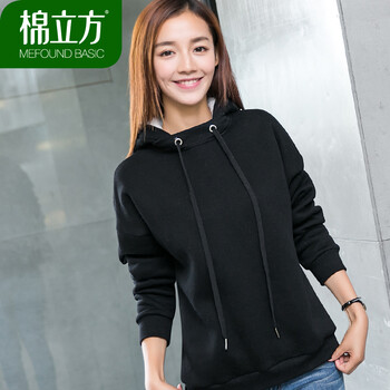 棉立方2015冬装新款女装带帽加绒上衣抽绳领口长袖卫衣女 15DT553 裸粉 L