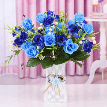 客厅室内家居餐桌盆栽摆件茶几摆设套装饰插花 蓝色 蓝色妖姬3束 花瓶