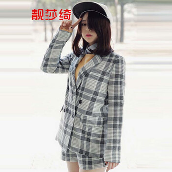 靓莎绮2015秋冬韩版个性长袖宽松直筒格子西服套装+外套两件套Y3614 深灰色 L