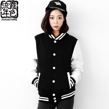 霞色流年 2016秋冬新款韩版棒球服卫衣外套女加绒休闲上衣 黑色不加绒款 S