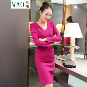哇噢wao2016春季上新款女装 包臀打底长袖连衣裙 春秋冬 大红色 M