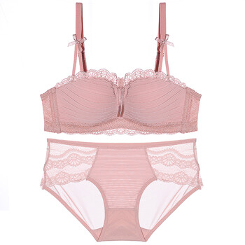 甜美雪纺蕾丝半杯网纱透气侧比胸罩无钢圈文胸聚拢内衣女套装 粉色
