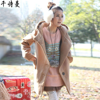 千诗曼 2016秋冬新款加厚韩版大翻领单排扣直筒中长款胖MM显瘦毛呢外套红色呢子大衣女 黑色 XXXL